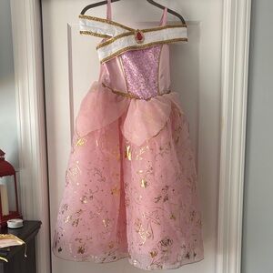 Pink Princess Aurora Girls' Costume Dress with Gold Accents with crown
